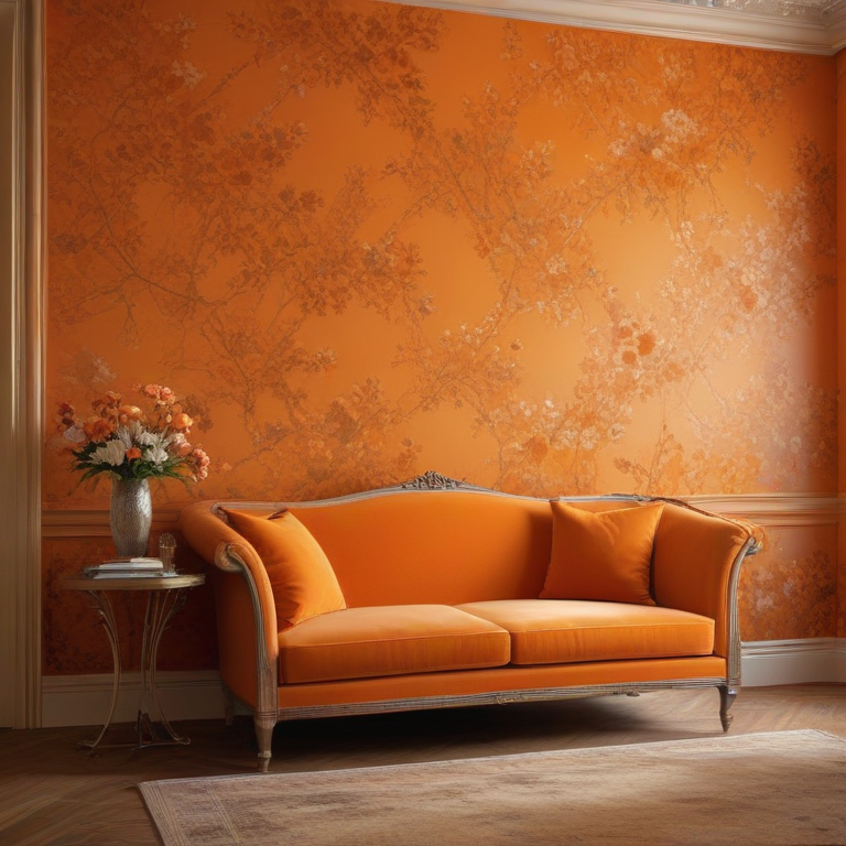 Vibrant Orange Living Room Featuring Elegant Sofa and Floral Decor