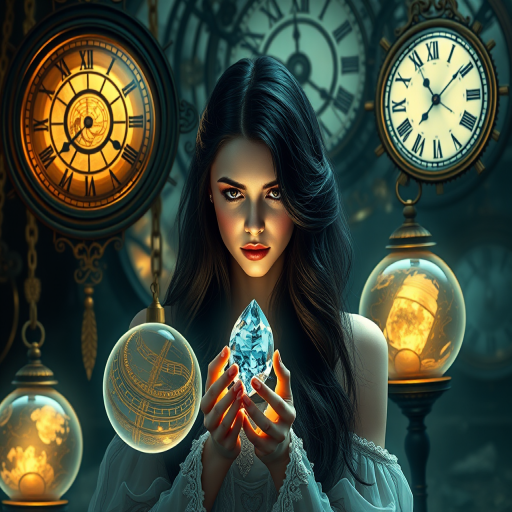 Create a digital artwork of a woman with long black hair holding a gemstone, surrounded by intricate, illuminated globes and clockwork designs, using a high-resolution camera with a 50mm lens at f/1.8 for shallow depth of field, shot from a 45-degree angle, with soft, diffused lighting for a dreamy atmosphere.