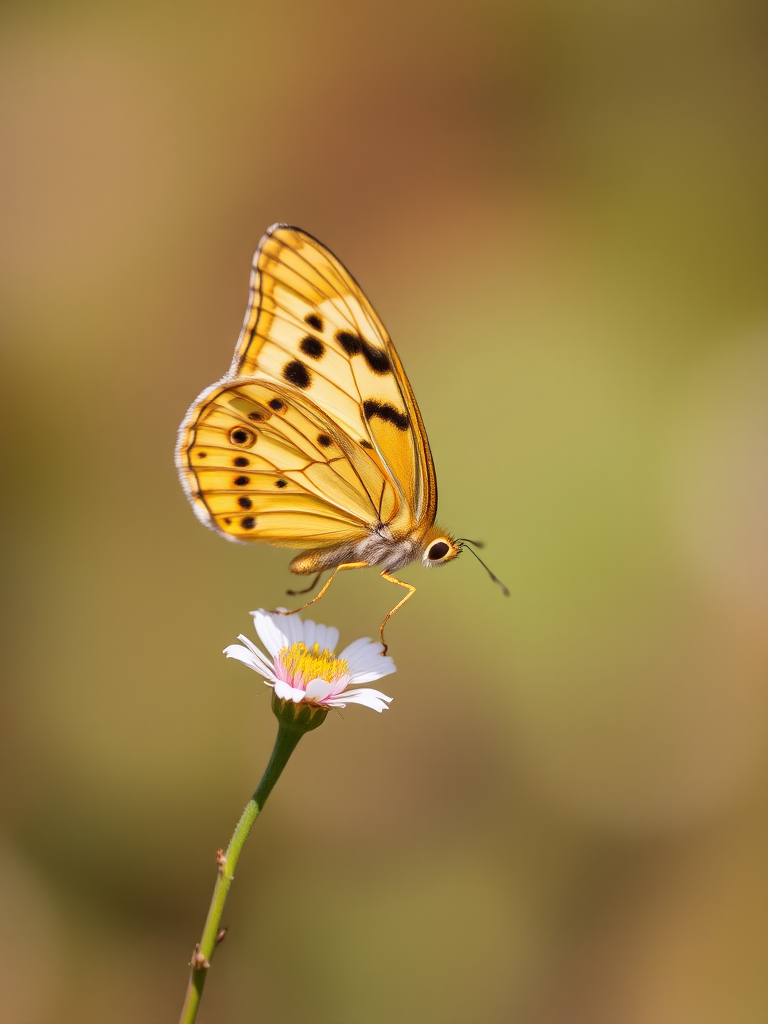 Generate an image of a butterfly perched delicately on a small flower. The butterfly has intricate patterns with shades of yellow and black spots. The background is softly blurred, featuring natural colors that enhance the focus on the butterfly and flower.
