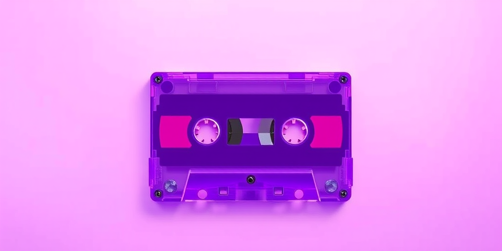 Create a high-resolution digital illustration of a purple cassette tape against a smooth gradient background, using a 50mm lens, f/2.8 aperture, with a shallow depth of field, in a top-down view, shot with a DSLR camera to enhance image quality.