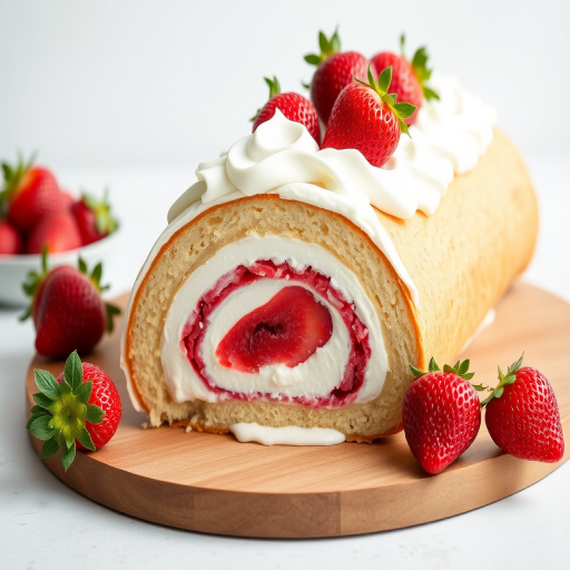 Create an image of a strawberry cream roll cake with a fluffy white frosting topped with fresh strawberries on a wooden board. The cake should have a visible swirl of strawberry filling inside, and there should be a few whole strawberries placed next to the cake. The background should be soft and light to highlight the cake.