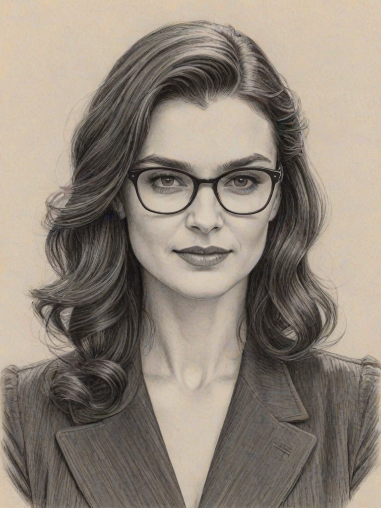 Resplendent Rachel Weisz, pencil sketch, portrait of Charming woman 1942s in glasses, hair style beatnik, outline, clear lines, fine lines, 8k
