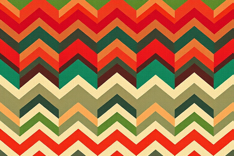 Create a vibrant patterned background featuring a chevron design in earthy tones of red, green, and cream, shot with a DSLR camera at f/4 aperture, ISO 100, 50mm lens, in high resolution with a flat lay view for enhanced detail and clarity.
