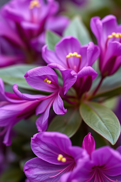 close-up shot of vibrant purple rhododendron flowers, f/2.8, 50mm lens, ISO 100, natural lighting, macro photography, DSLR camera