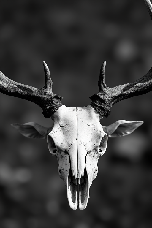 detailed illustration of a stag skull with antlers, high contrast black and white, macro view, soft focus background, DSLR camera, f/2.8 aperture, ISO 100, 50mm lens, natural lighting