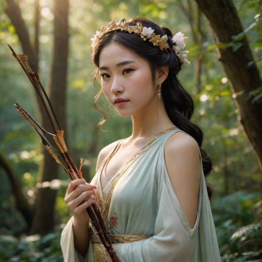 Create a portrait of a goddess-like Chinese girl figure in a tranquil, forested environment. She has an elegant appearance with long, wavy hair styled in an updo and adorned with a delicate, floral headband. She wears a flowing, ancient Greek-inspired gown in a soft, pale color, featuring a one-shoulder design and draped fabric that accentuates her graceful form. The outfit includes a decorative belt with ornate gold detailing, and she holds a bow in her hand, with a quiver of arrows slung over her shoulder. The background depicts lush greenery, with sunlight filtering through the trees, casting a gentle, ethereal light on the scene. Her expression is calm and contemplative, embodying a sense of wisdom and serenity.