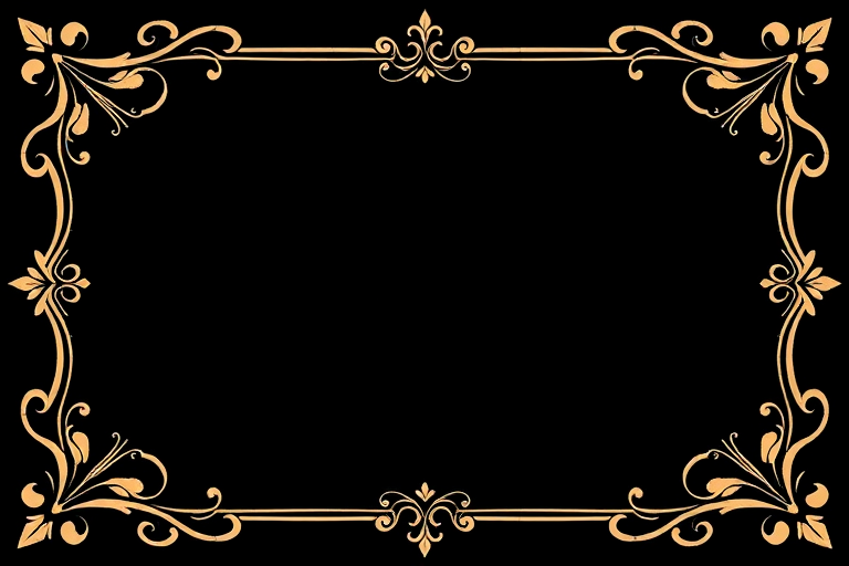 create an elegant vintage frame design on a black background with ornate corners, high resolution, f/2.8, 50mm lens, ISO 100, soft focus photography, DSLR camera