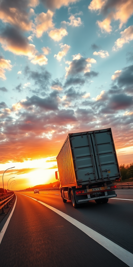 A cargo truck driving on a highway at sunset, dynamic angle, HDR imaging, f/8, ISO 100, shutter speed 1/200s, wide-angle lens, DSLR camera.