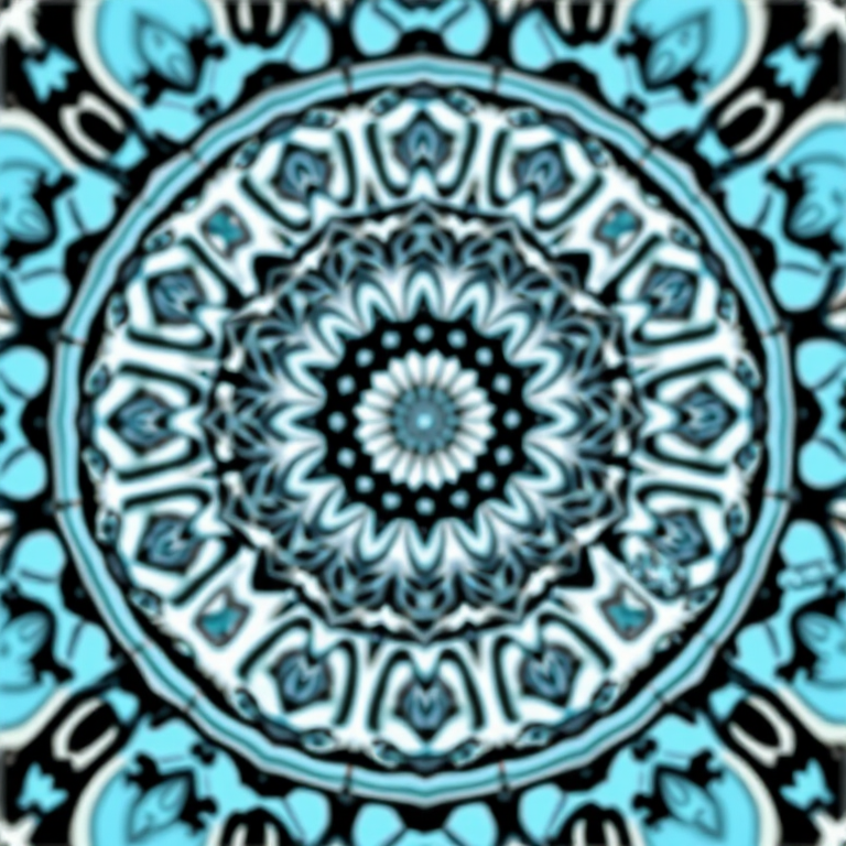 Create a detailed mandala with intricate patterns and a color palette of light blue and black, using a DSLR camera with a 50mm lens at f/2.8, ISO 100, and a sharp focus, captured from a top-down view to enhance clarity and symmetry.