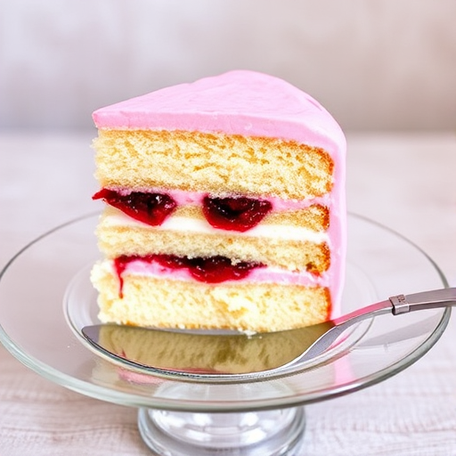 A slice of layered vanilla cake with pink frosting on top and raspberry filling in the middle placed on a clear glass plate with a metal cake server beside it. The background is softly blurred and neutral in color.