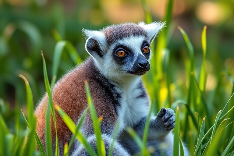Capture a close-up of a lemur sitting among green grass, with a shallow depth of field to create a blurred background, using a DSLR camera set to f/2.8 aperture, ISO 100, shutter speed 1/200 sec, in natural light with a 50mm lens for enhanced detail and vibrant colors.