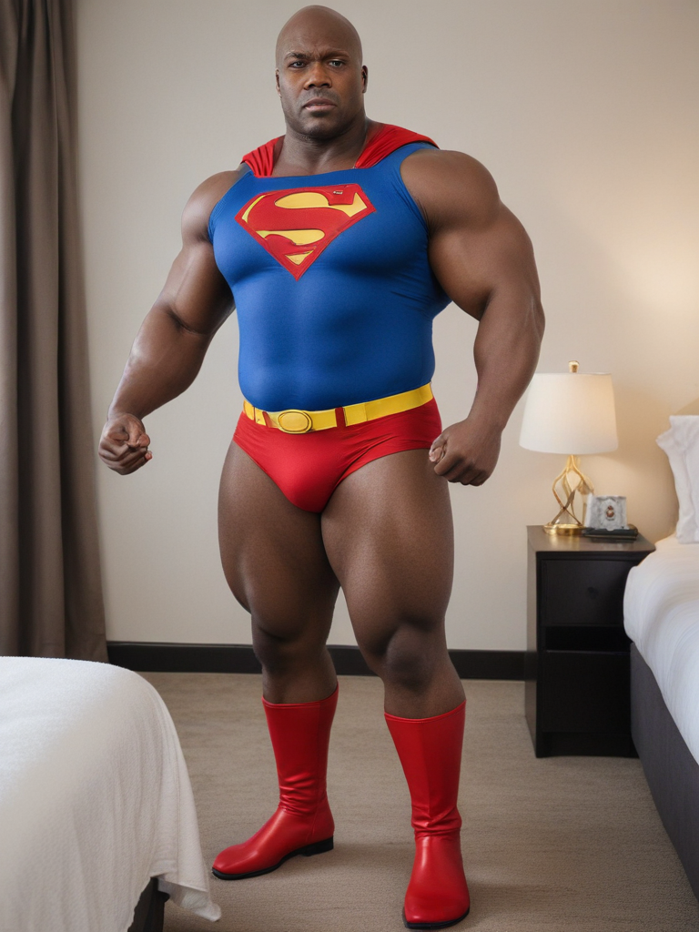 Ai Image Generator - Ai Art Generator - High Quality and 100% Unique Images  - iPic.Ai Hotel room, huge black muscular overweight strongman, bald, black  man, in realistic superman costume, red boots,