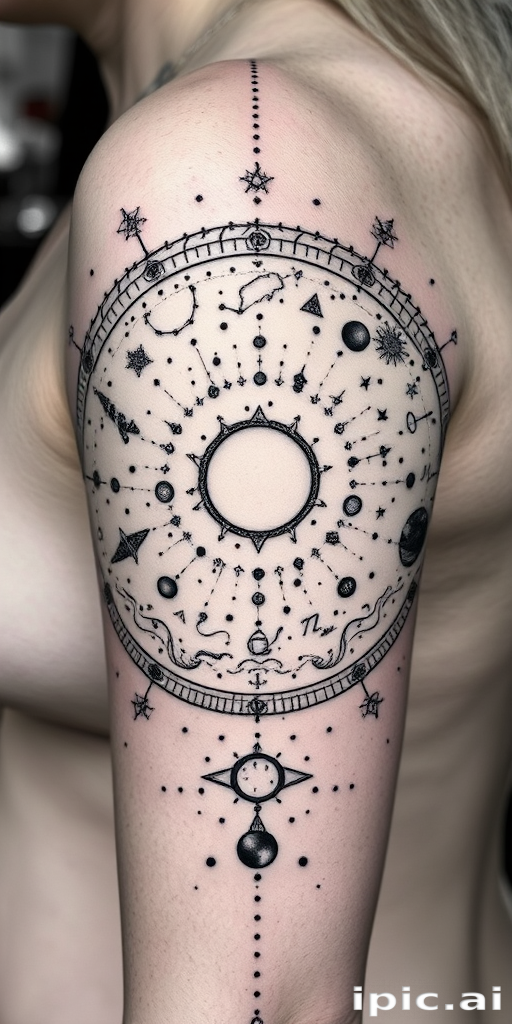 Mesmerizing dotwork tattoo depicting an intricate celestial map with constellations and planets, tiny precise dots forming subtle gradients and textures, monochromatic black ink for a timeless and elegant appearance