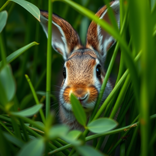 Capture a close-up portrait of a curious rabbit peeking through lush green foliage, using a Canon EOS R6, 85mm f/1.2 lens, aperture set to f/1.2 for shallow depth of field, ISO 200, shutter speed 1/500 sec, with soft natural light for a dreamy background.
