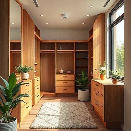 regenerate a cozy modern walk-in closet interior with wooden furniture, large window with natural light, soft neutral tones, plush rug, plants for a fresh touch, shot with a DSLR camera at f/2.8, ISO 100, 24mm lens, natural light ambiance, and a slightly elevated perspective for depth.