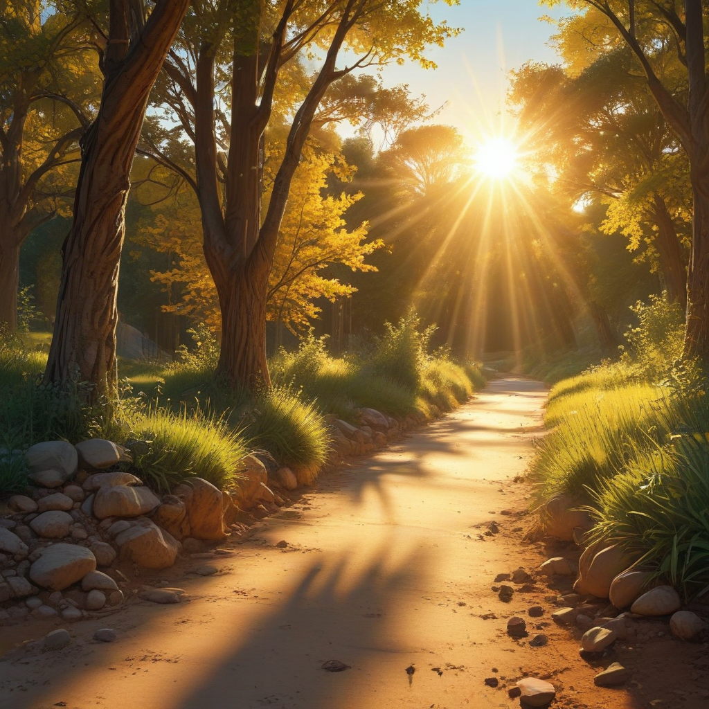 Serene Forest Pathway Bathed in Warm Golden Light of Sunrise