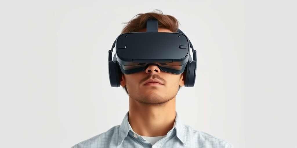 Generate a high-resolution digital illustration of a person wearing a VR headset, front view, with a clean background, using a Canon EOS R5, 50mm lens, f/1.8 aperture, ISO 100, and soft lighting for enhanced details and smooth textures.