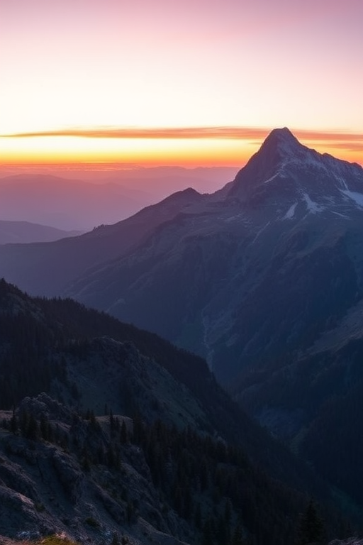 Create a detailed image of a scenic mountain landscape during sunrise with vibrant colors and a clear sky, using a DSLR camera, 24mm lens, f/8 aperture, ISO 100, with a shallow depth of field and a wide-angle perspective.