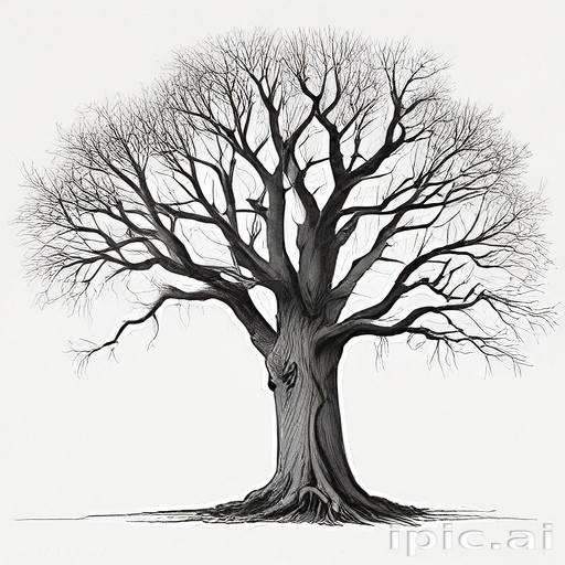 Intricate Black and White Illustration of a Leafless Majestic Tree