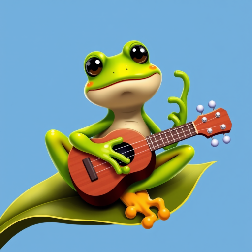A cartoon frog playing a ukulele while sitting on a leaf, vibrant green color, playful expression, with a simple blue background, taken with a DSLR camera, 50mm lens at f/1.8, ISO 100, shot in natural light, high saturation for enhanced colors.