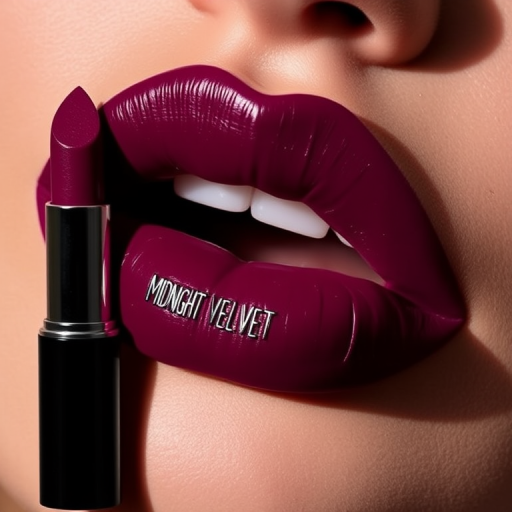 Sultry deep plum "Midnight Velvet" lipstick envelops pouty lips in rich, velvety color, boasting a creamy texture and intense pigmentation for bold evening looks