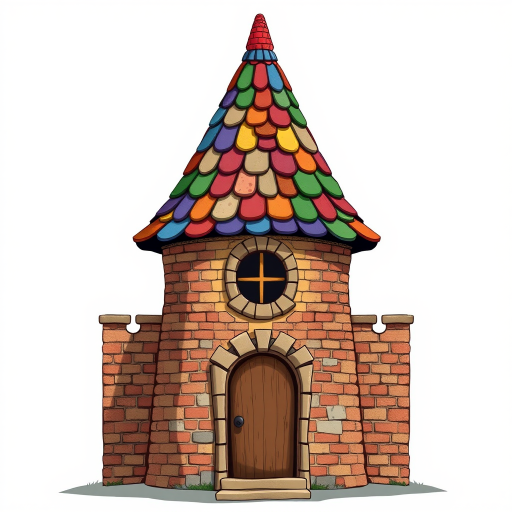 Create an illustration of a whimsical tower with a pointed roof made of colorful tiles, textured brick walls, a rounded window, and a wooden door, using a DSLR camera with a 50mm lens, f/2.8 aperture, ISO 100, and a slight vignette effect to enhance the overall quality.