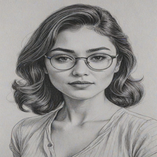Pleasing Daniella Pineda, pencil sketch, portrait of Splendid woman 1942s in glasses, hair style beatnik, outline, clear lines, fine lines, 8k