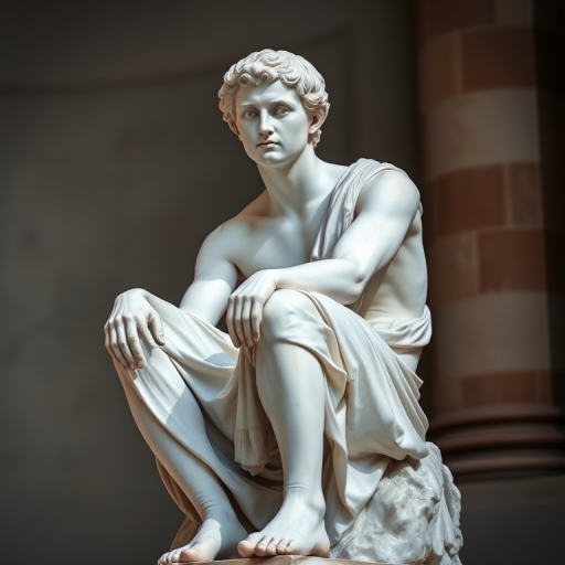 Capture a high-resolution image of a classic marble statue of a seated figure with a contemplative expression, using a DSLR camera with a 50mm lens at f/2.8, ISO 100, and a shutter speed of 1/200s, with natural lighting to enhance details and textures, taken from a low angle for dramatic effect.