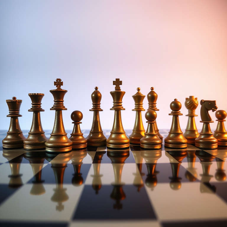 high-resolution image of a chess set arranged in a straight line, emphasizing reflections and lighting, captured with a DSLR camera at f/2.8 aperture, ISO 100, and 24mm focal length, using a softbox for even lighting, 45-degree angle view to enhance depth and detail.