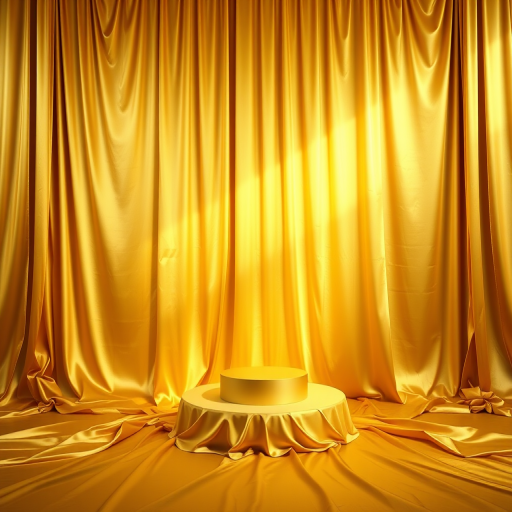 create an image of a golden backdrop with flowing satin fabric and a circular podium in the center, using a DSLR camera with a 50mm lens at f/1.8, ISO 100, and a shallow depth of field, captured in soft natural lighting with a slight warm tint for enhanced richness and detail