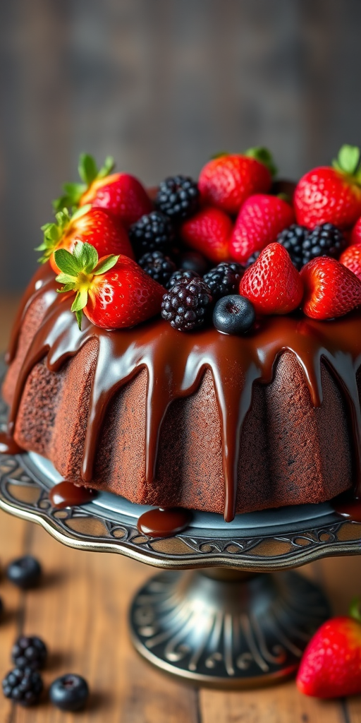 Chocolate bundt cake topped with fresh strawberries and blackberries drizzled with chocolate ganache displayed on a decorative cake stand.