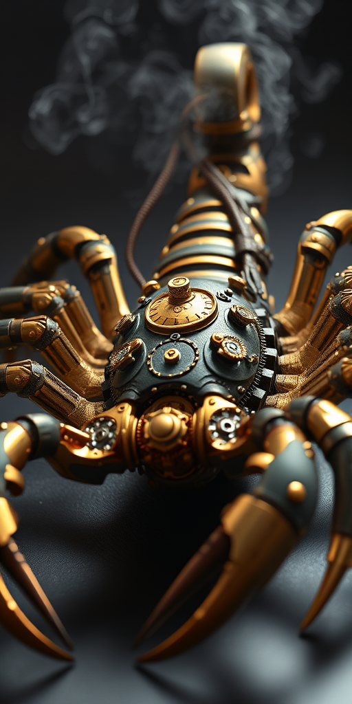 Create a high-intensity, high-resolution image of a steampunk scorpion, featuring intricate clockwork mechanisms and brass gears. The scorpion should have metallic limbs with elaborate jointed segments, showcasing a blend of Victorian-era aesthetics and futuristic technology. The body should be adorned with cogwheels, pistons, and small steam vents emitting a subtle mist, the front pinchers should up up and open. Capture the scene with dramatic lighting to emphasize the mechanical details, giving it a sense of motion and life