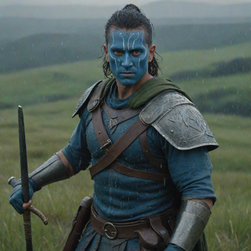 Generate an ultra-realistic and highly detailed photograph of a "brave heart" warrior. he's standing still, looking menacingly at the camera. He has face paint in shades of blue. He's standing on a green hill. Rain. The background is a blurred image of a battlefield. 4k. UHD