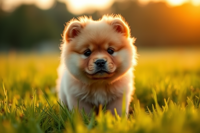 capture a fluffy chow chow puppy in a lush green field during golden hour with a shallow depth of field, 50mm lens, f/1.8 aperture, ISO 200, 1/500s shutter speed, DSLR camera, natural lighting