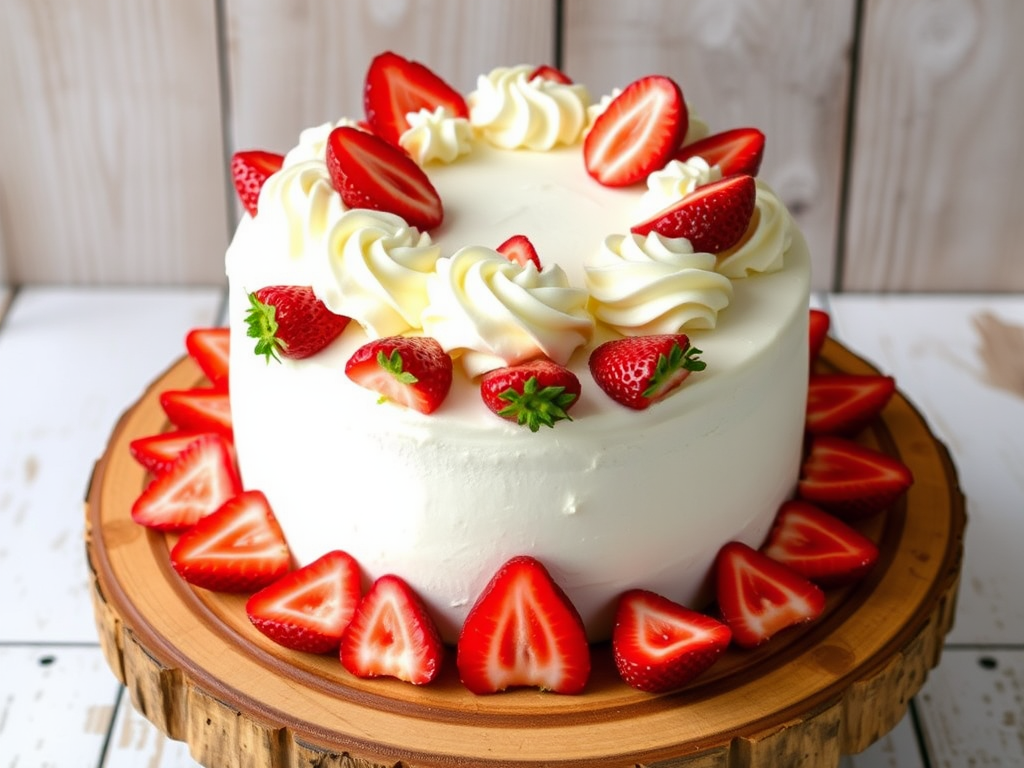 A round white cake decorated with whipped cream rosettes and fresh strawberry slices on top and around the bottom, displayed on a wooden cake stand with a rustic background.