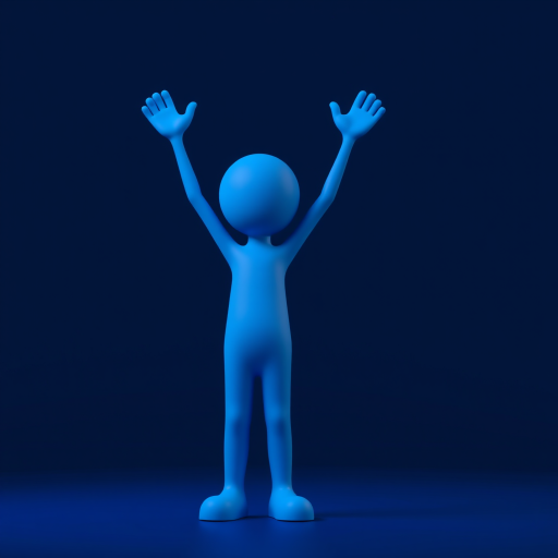 Create a 3D render of a stylized blue stick figure with arms raised in celebration, using a Canon EOS R5 camera with a 50mm lens, aperture f/1.8, ISO 100, and a softbox lighting setup to enhance the image quality and provide depth.