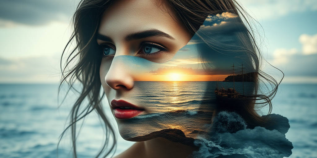 design Book cover, A surreal double exposure portrait that blends a woman's face with a beautiful seascape. The overall mood is dreamy and mystical, with rich colors and intricate details