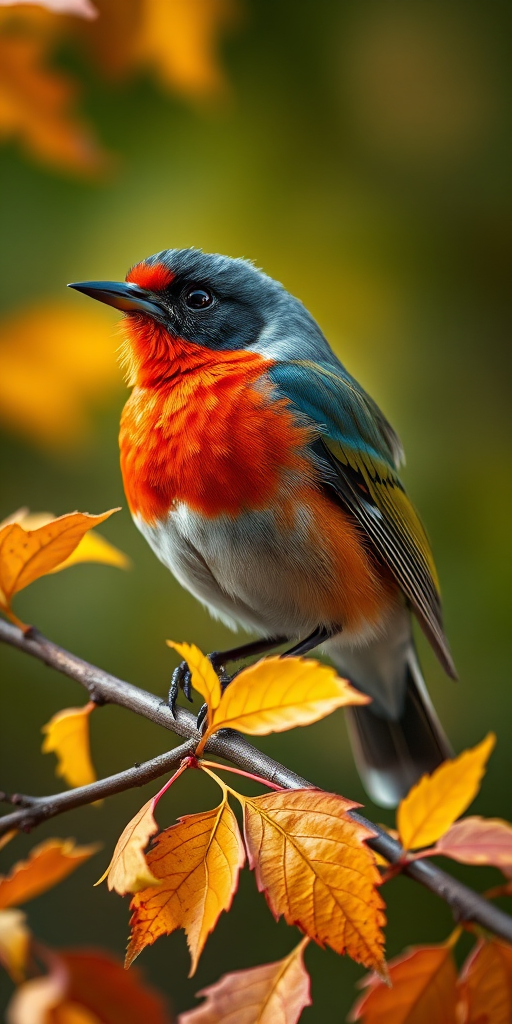 Close-up of a colorful bird perched on a branch among autumn leaves, using a Canon EOS R5 with a 100mm f/2.8L macro lens, aperture set to f/4, ISO 200, in natural light, with a shallow depth of field to blur the background.