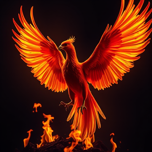 A majestic phoenix rising from flames, captured in high resolution with a Canon EOS R5, 85mm lens, f/1.4 aperture, ISO 100, shot from a low angle to emphasize its grandeur against a dark background, using a vibrant color palette to highlight the fiery details.