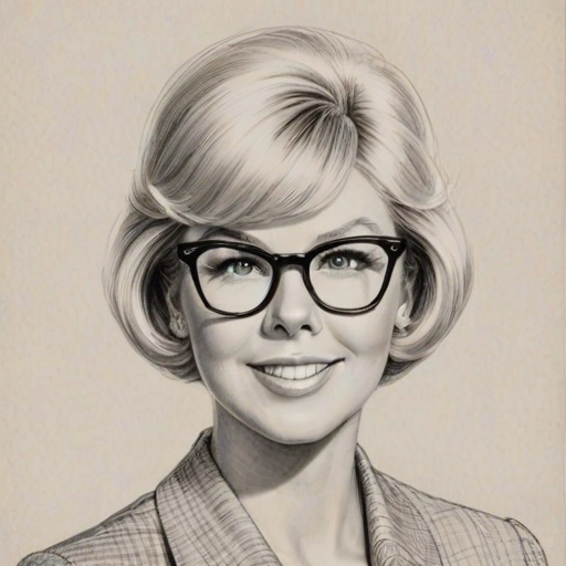 Captivating Doris Day, pencil sketch, portrait of Charming woman 1968s in glasses, hair style beatnik, outline, clear lines, fine lines, 8k