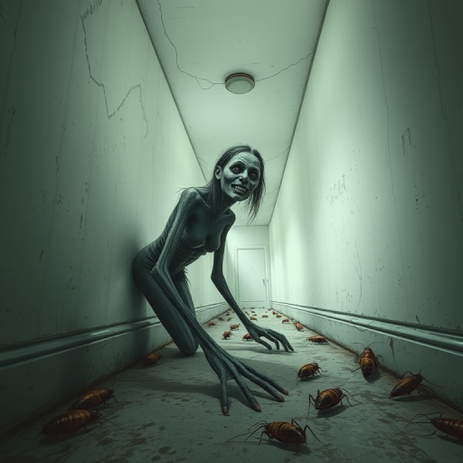 a crooked female with long arms and a creepy smile is crawling along a long white corridor and you can also see cockroaches in it there is a creepy atmosphere creepy art style