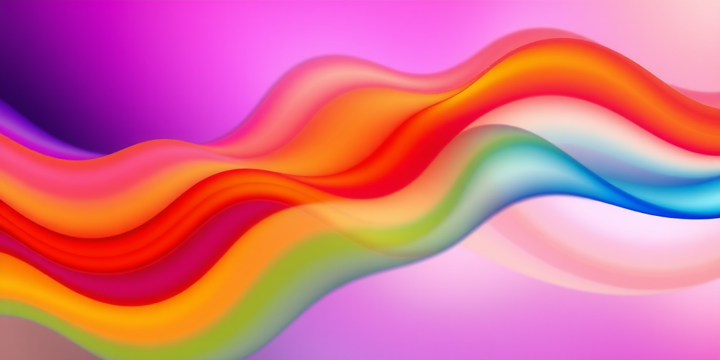 Create a vibrant abstract image featuring flowing waves of colors blending seamlessly from purple to red, orange, yellow, green, and blue, shot with a Canon EOS 5D Mark IV at f/8, ISO 100, with a 24mm wide-angle lens, using a soft focus style to enhance the smoothness of the colors.