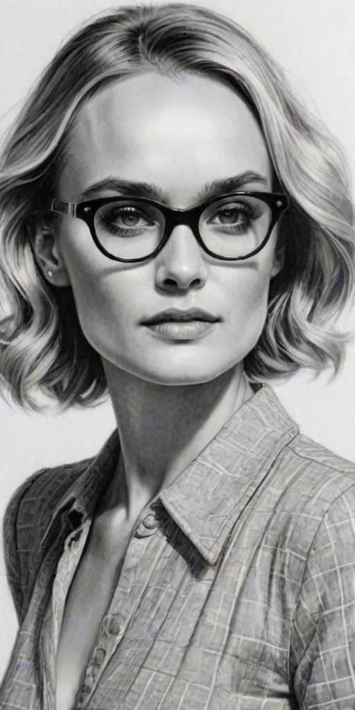 Captivating Diane Kruger, pencil sketch, portrait of Sublime woman 1940s in glasses, hair style beatnik, outline, clear lines, fine lines, 8k