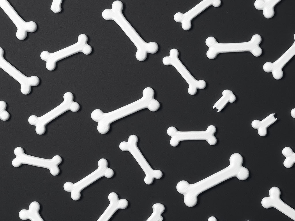 Create a seamless pattern of white dog bones on a dark gray background, shot with a 50mm lens at f/8, using a DSLR camera with a top-down view and high contrast settings for enhanced clarity.