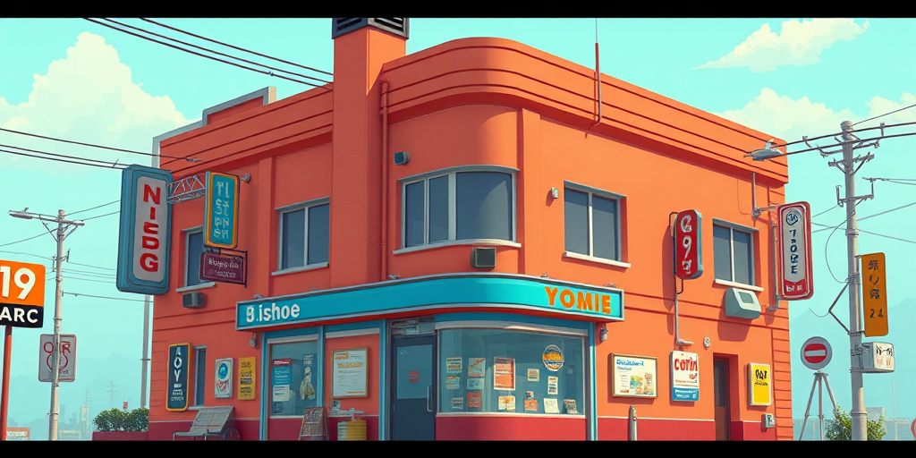 create an ultra-detailed pixel art retro futuristic building with a shopfront, chimney, and various signs, in bright colors, with a 35mm lens, f/4 aperture, ISO 200, overhead sunlight, high-resolution digital art style