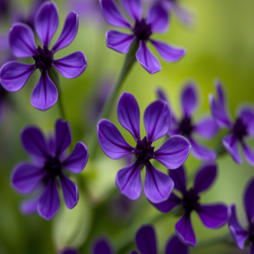 Close-up of deep purple flowers with soft green background, shallow depth of field, aperture f/2.8, shutter speed 1/200s, ISO 100, macro lens, DSLR camera, natural lighting.
