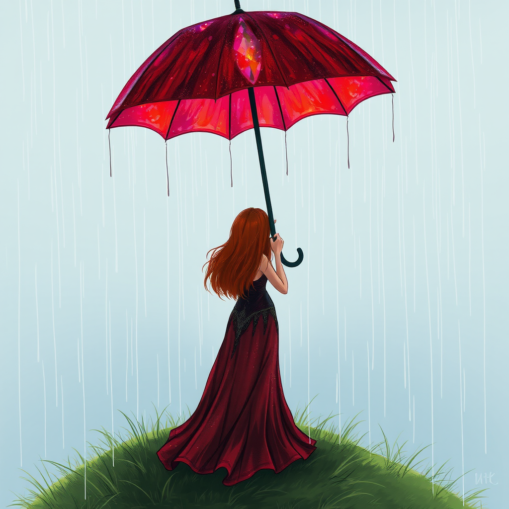 A surreal hand-drawn digital artwork depicting a mysterious red-haired woman standing on a grassy hill under the rain. She holds an umbrella crafted from iridescent zircon, its vibrant sheen contrasting with the soft, rainy atmosphere. The scene feels dreamlike, blending the natural elements of the hill and rain with the otherworldly shimmer of the umbrella.