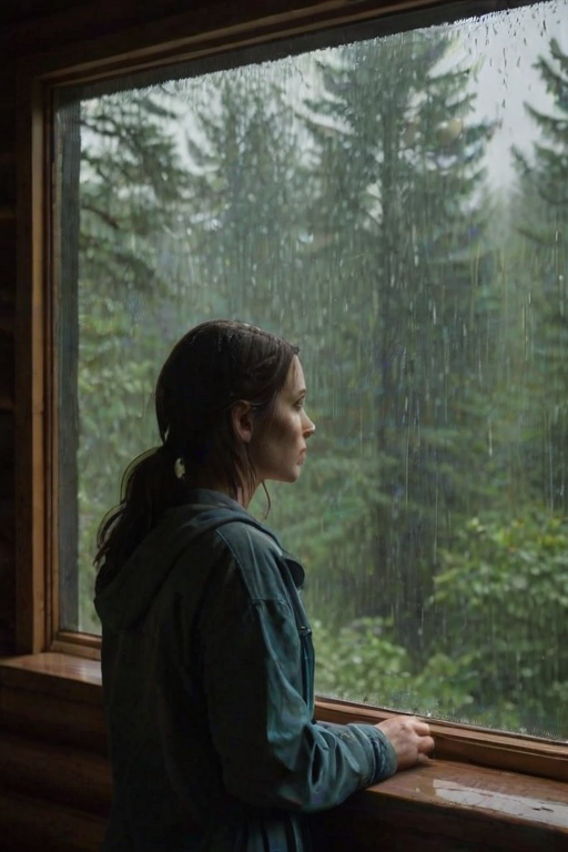 Quiet forest cabin during a rainstorm, the sound of raindrops hitting the roof, a woman stands by the window, her hand resting on the glass as she watches the storm rage outside.