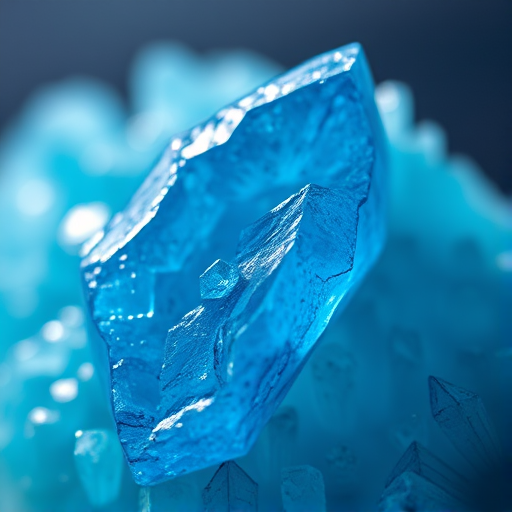 High-resolution macro shot of a blue crystal with intricate details, natural lighting from behind, f/2.8 aperture, ISO 100, 85mm lens, soft focus background, capture using a full-frame DSLR camera.
