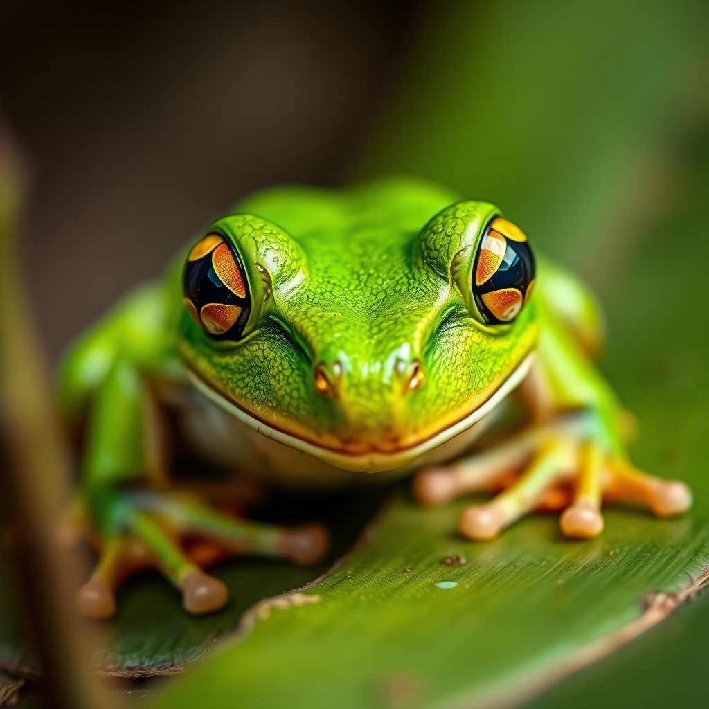 Create a high-resolution image of a vibrant green frog from a low-angle view with a macro lens, aperture set to f/2.8, ISO 100, and soft natural lighting for enhanced detail and clarity.